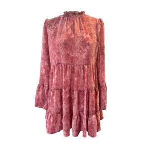 Tiered‎ Mini Dress Ruffle Mock Neck Long Sleeve Pink Snakeskin Print